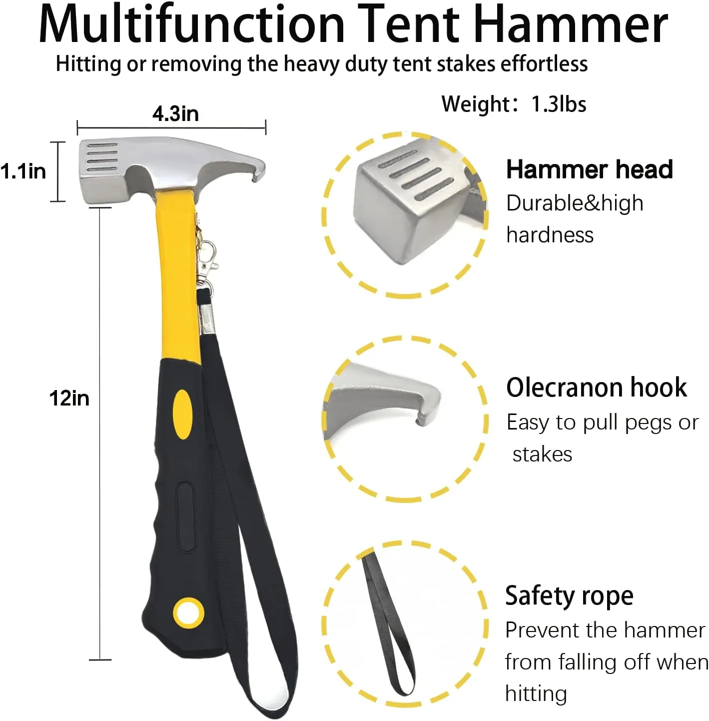 Tent Stake with Hammer, 12-Pack 12in Heavy Duty Tent Stakes   10in Tent Stakes Hammer Storage Pouch, Forged Steel Tent Stakes for Camping Used on Rocks, Grassland(12Pcs 12in Tent Stakes and Hammer)