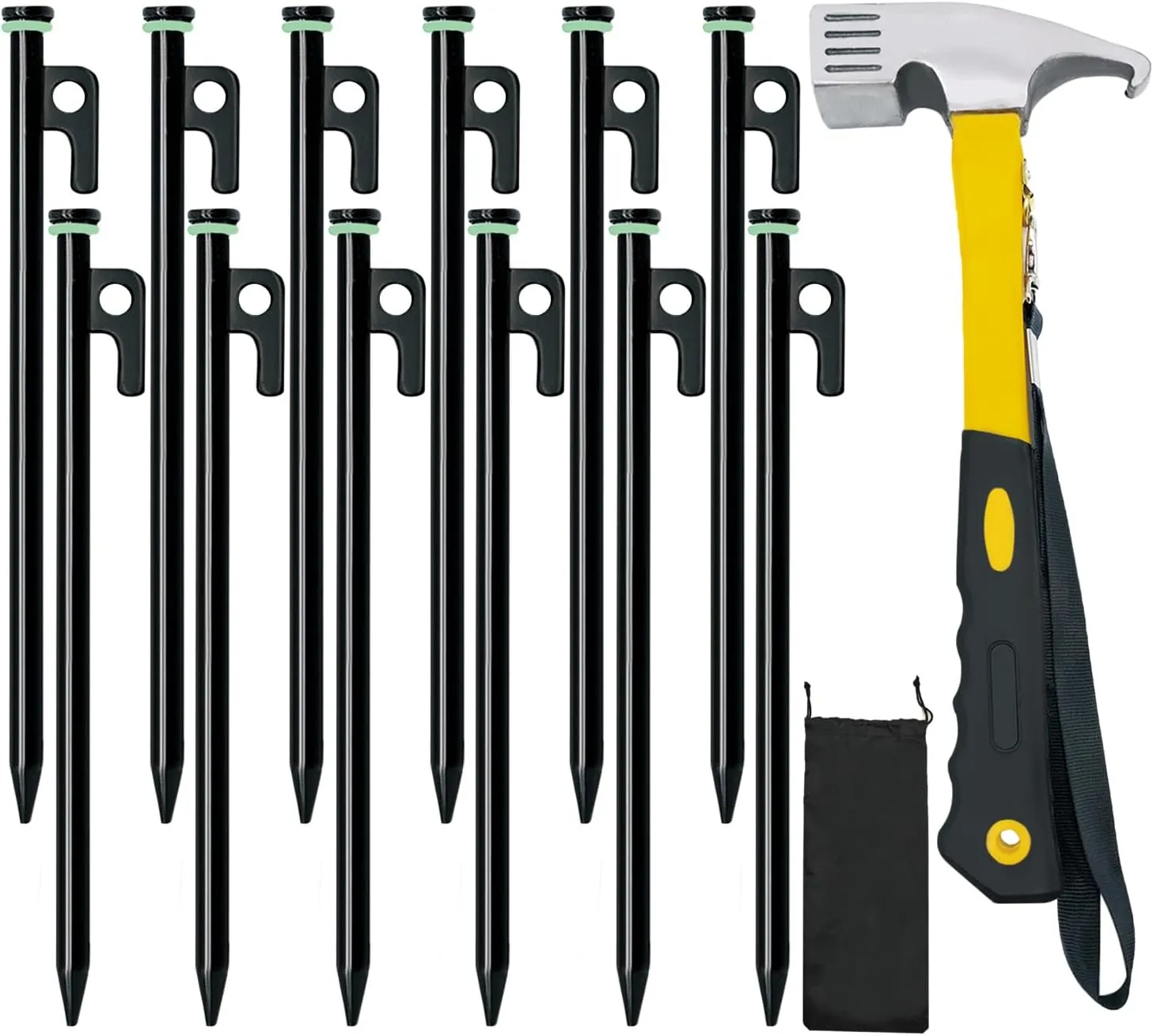 Tent Stake with Hammer, 12-Pack 12in Heavy Duty Tent Stakes   10in Tent Stakes Hammer Storage Pouch, Forged Steel Tent Stakes for Camping Used on Rocks, Grassland(12Pcs 12in Tent Stakes and Hammer)