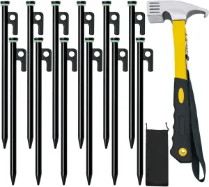Tent Stake with Hammer, 12-Pack 12in Heavy Duty Tent Stakes   10in Tent Stakes Hammer Storage Pouch, Forged Steel Tent Stakes for Camping Used on Rocks, Grassland(12Pcs 12in Tent Stakes and Hammer)