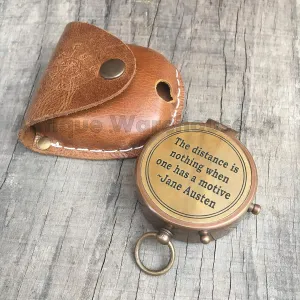 The Distance is Nothing ~ Jane Austen Maritime Nautical Antique Brass Working Pocket Compass with Leather Case