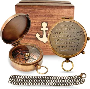 The Vintage Venue Trust in The Lord with All Your Heart” Proverbs 3:5-6 Engraved Compass with Wooden Box Graduation Gifts 2025 for Women Men