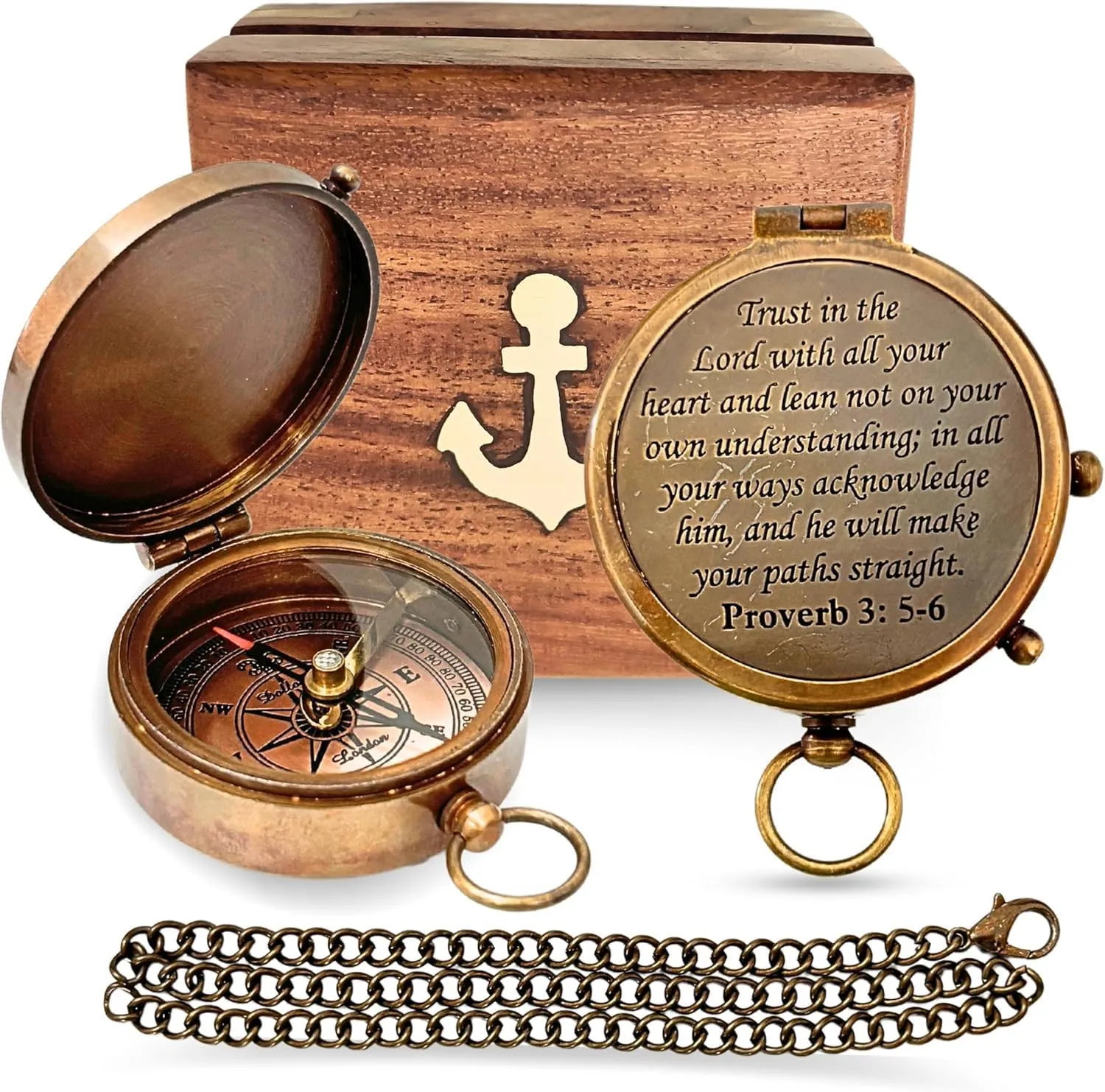 The Vintage Venue Trust in The Lord with All Your Heart” Proverbs 3:5-6 Engraved Compass with Wooden Box Graduation Gifts 2025 for Women Men