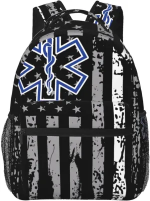 Thin White Line EMS EMT Paramedic American Flag Backpack Casual Laptop Backpack Double Shoulder Bag Lightweight Backpack For Women Men Travel