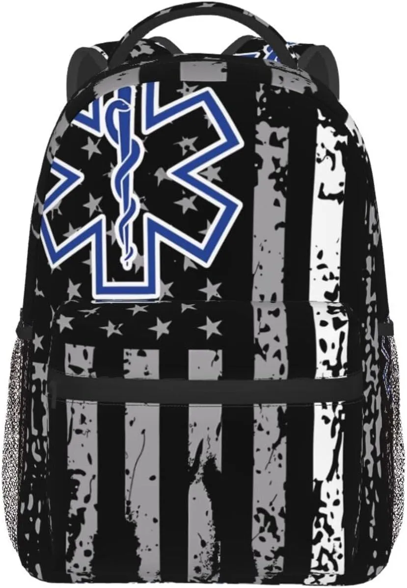 Thin White Line EMS EMT Paramedic American Flag Backpack Casual Laptop Backpack Double Shoulder Bag Lightweight Backpack For Women Men Travel