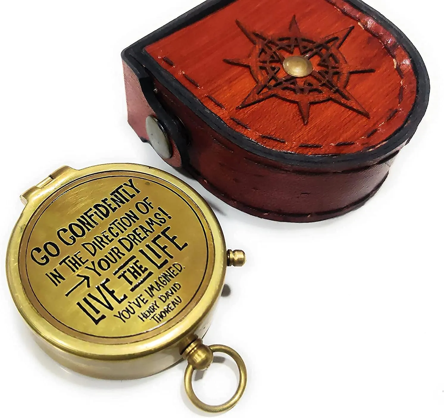 Thoreau's Go Confidently Quote Engraved Compass with Stamped Leather case, Camping Compass, Boating Compass, Gift Compass, Graduation Day Gifts