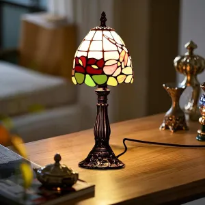 Tiffany Table Lamp with Dragonfly & Flower Design Handmade Stained Glass Nightstand Lamp, Small Desk Lamp, Vintage Home Decor Lamp