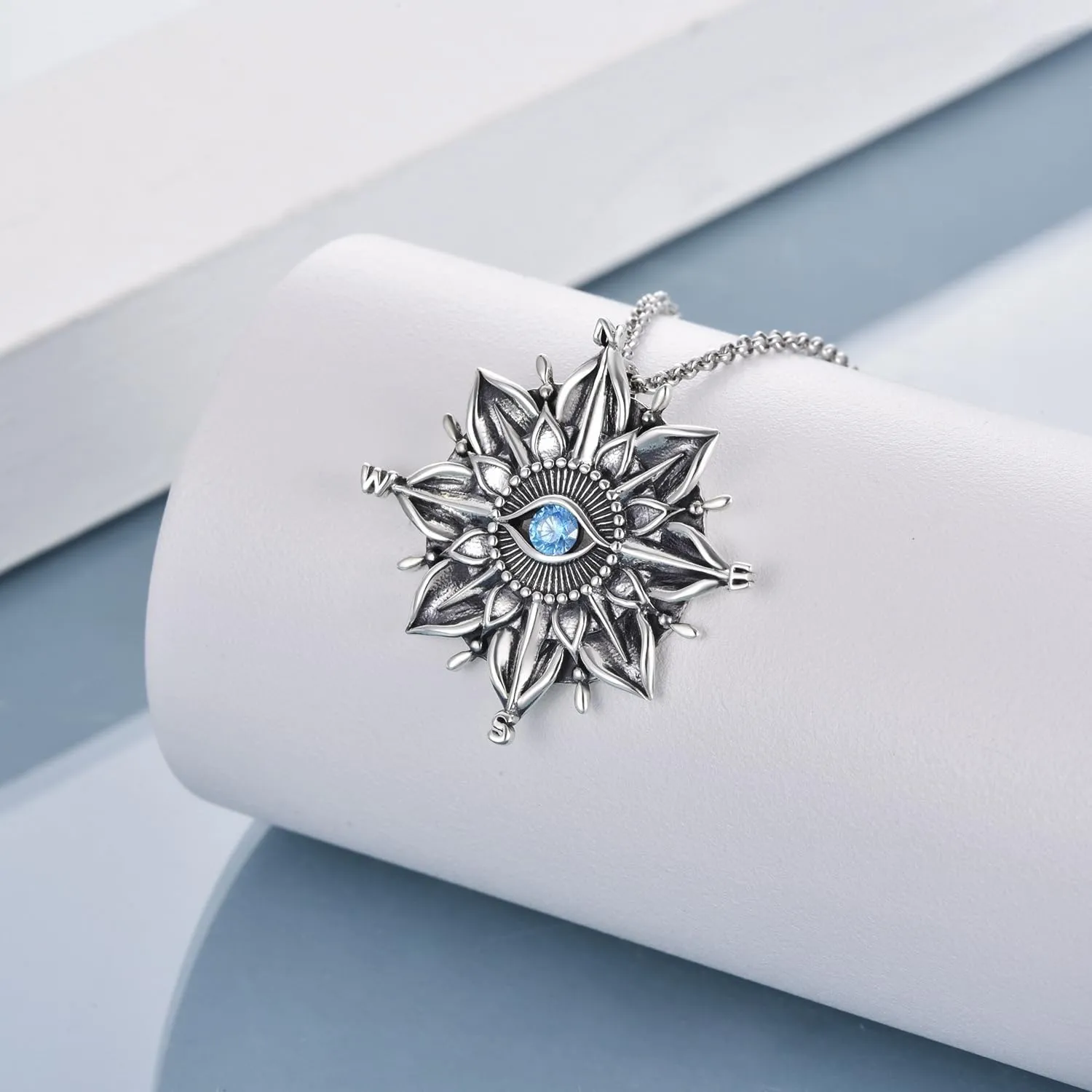 TIGER RIDER 925 Sterling Silver Compass Necklace for Women Evil Eye Pendant Necklace Inspirational Graduation Birthday Valentines Gifts Jewelry Gifts for Men Wife Girlfriend