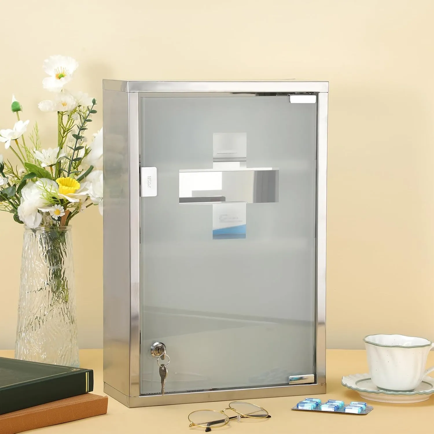 Timgle First Aid Wall Cabinet with Lock Medicine Wall Mounted Bathroom Storage Hanging Medical Cabinet with Safety Glass Door for Bathroom(3 Shelves,Silver)