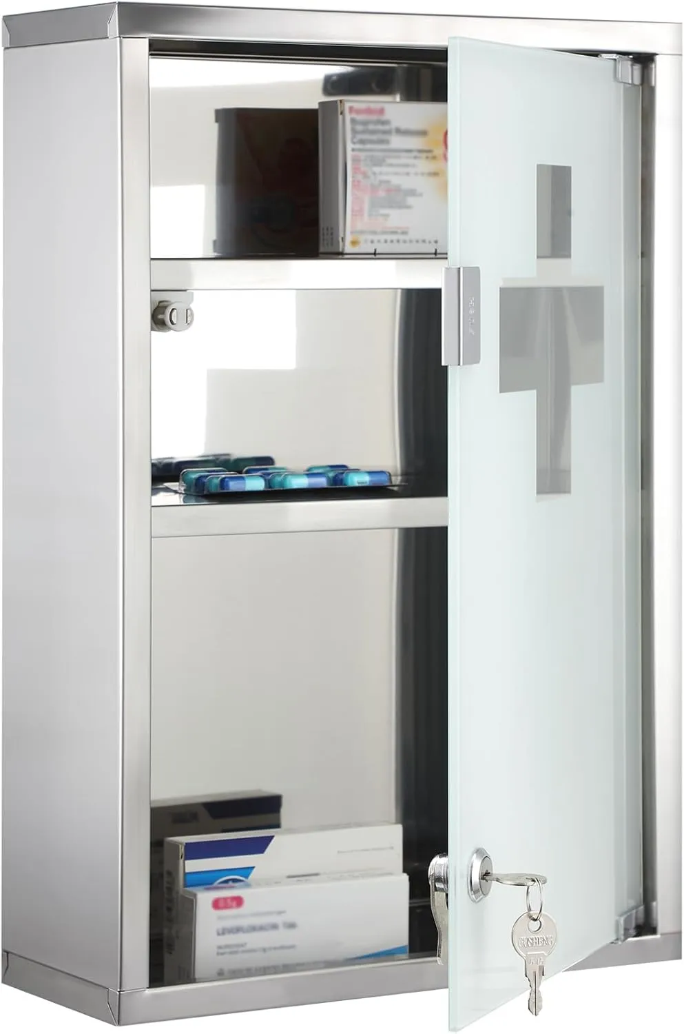 Timgle First Aid Wall Cabinet with Lock Medicine Wall Mounted Bathroom Storage Hanging Medical Cabinet with Safety Glass Door for Bathroom(3 Shelves,Silver)