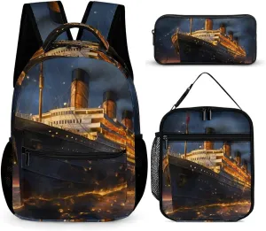 Titanic Cruise Ship Voyage 3 Piece Backpack Set Cute Travel Daypack Set with Lunch Bag Pencil Case for Men Women