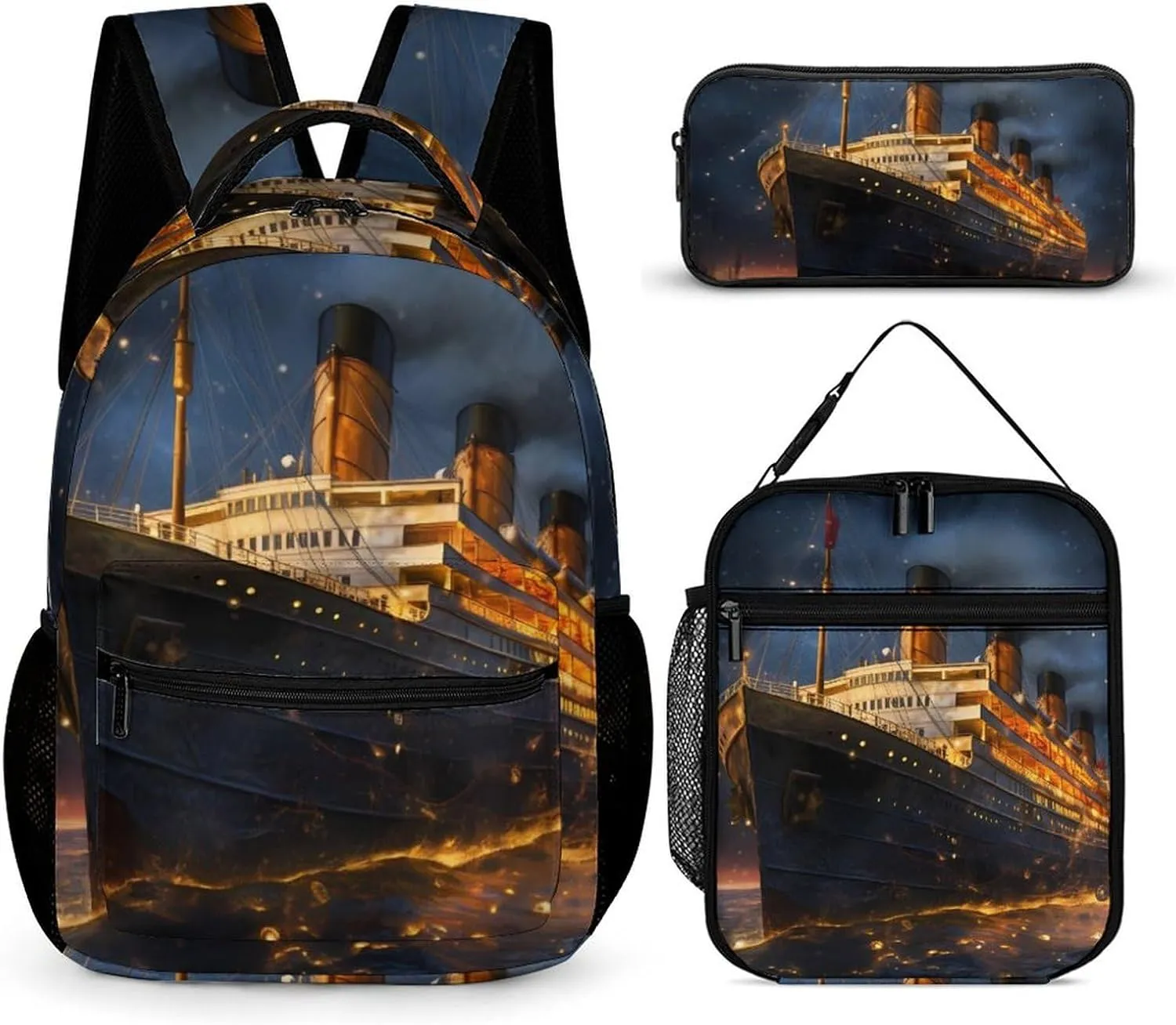Titanic Cruise Ship Voyage 3 Piece Backpack Set Cute Travel Daypack Set with Lunch Bag Pencil Case for Men Women