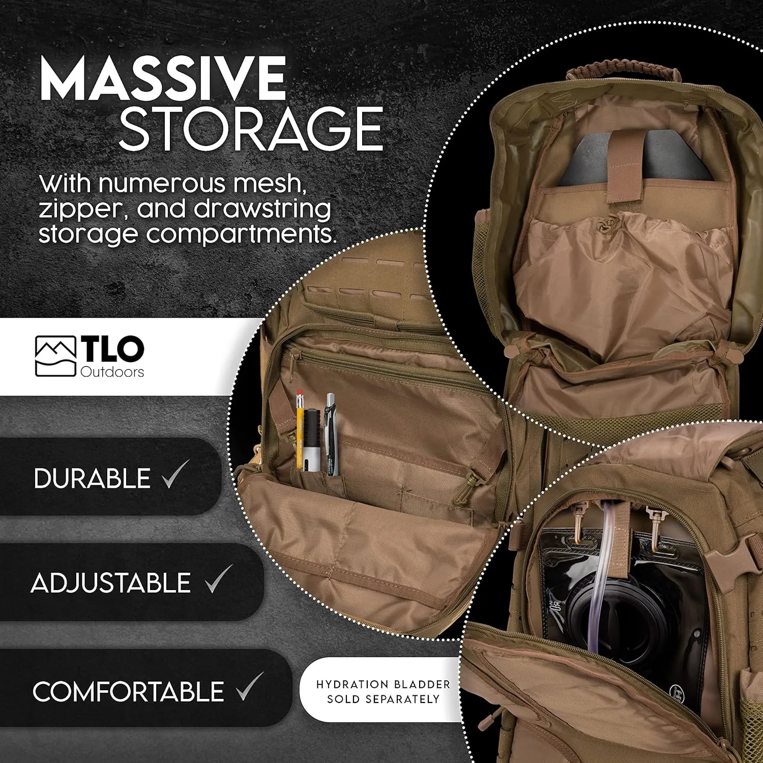 TLO Outdoors TacPack40L Tactical Backpack - Water Resistant 40 Liter Capacity Daypack, Rucksack, Gear Bag, Laptop Bag