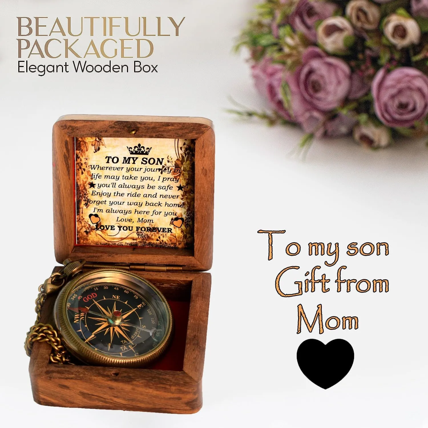 to My Son Compass with Wooden Box-Mom to Son Compass–Father to Son Gifts- to My Grandson -Graduation Day Gifts for Son-Birthday, Baptism, Graduation, Confirmation, Communion Compass for Women Men