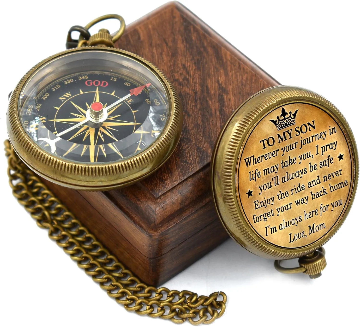 to My Son Compass with Wooden Box-Mom to Son Compass–Father to Son Gifts- to My Grandson -Graduation Day Gifts for Son-Birthday, Baptism, Graduation, Confirmation, Communion Compass for Women Men