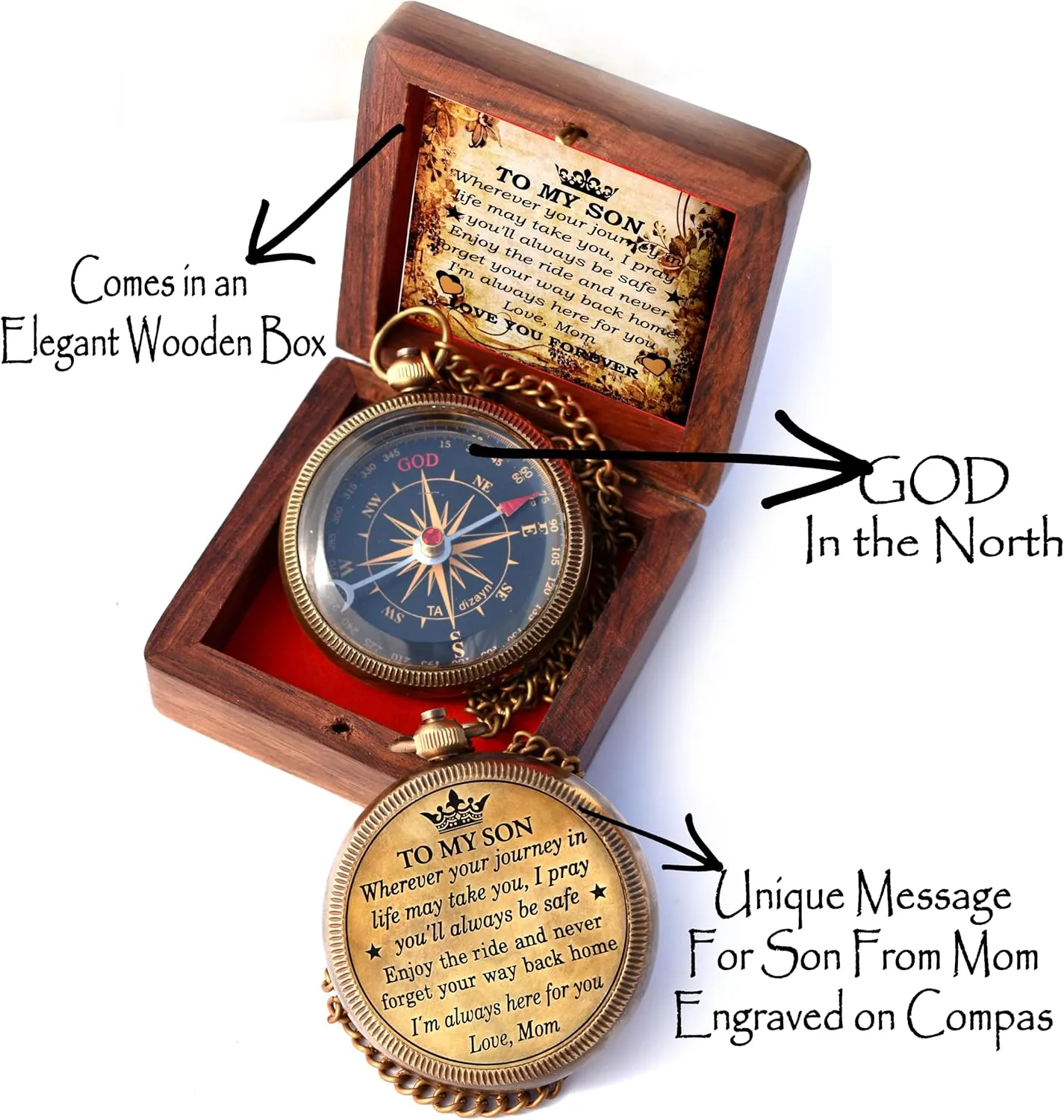 to My Son Compass with Wooden Box-Mom to Son Compass–Father to Son Gifts- to My Grandson -Graduation Day Gifts for Son-Birthday, Baptism, Graduation, Confirmation, Communion Compass for Women Men