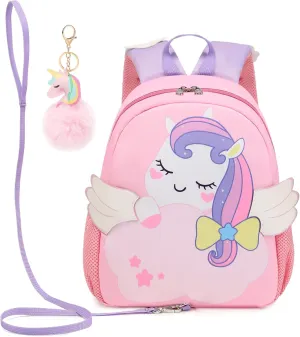 Toddler Backpack for Girls,Cute Lightweight Water Resistant Unicorn Cartoon Kids backpacks for Preschool and Kindergarten Bookbags with Chest Strap and Anti-lost Safety Leash(Little Backpack-Pink)