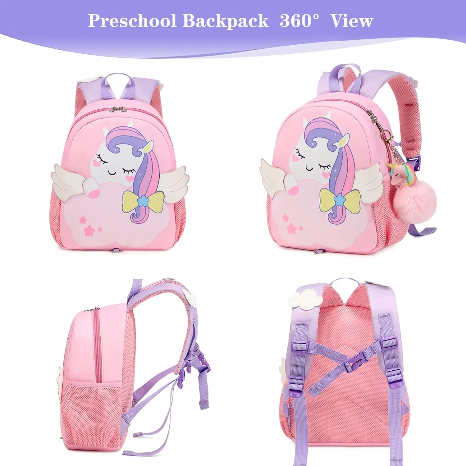 Toddler Backpack for Girls,Cute Lightweight Water Resistant Unicorn Cartoon Kids backpacks for Preschool and Kindergarten Bookbags with Chest Strap and Anti-lost Safety Leash(Little Backpack-Pink)