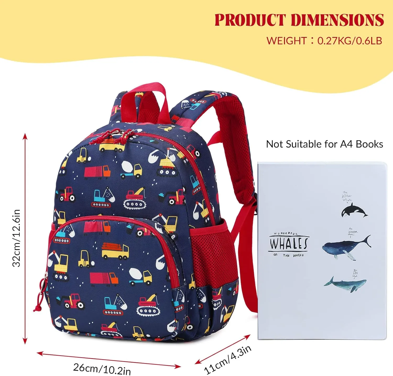 Toddler Kids Backpack Boy Truck Excavator Crane Preschool Cute Backpack Child Daycare School Bag Nursery with Chest Strap Red Dark Blue