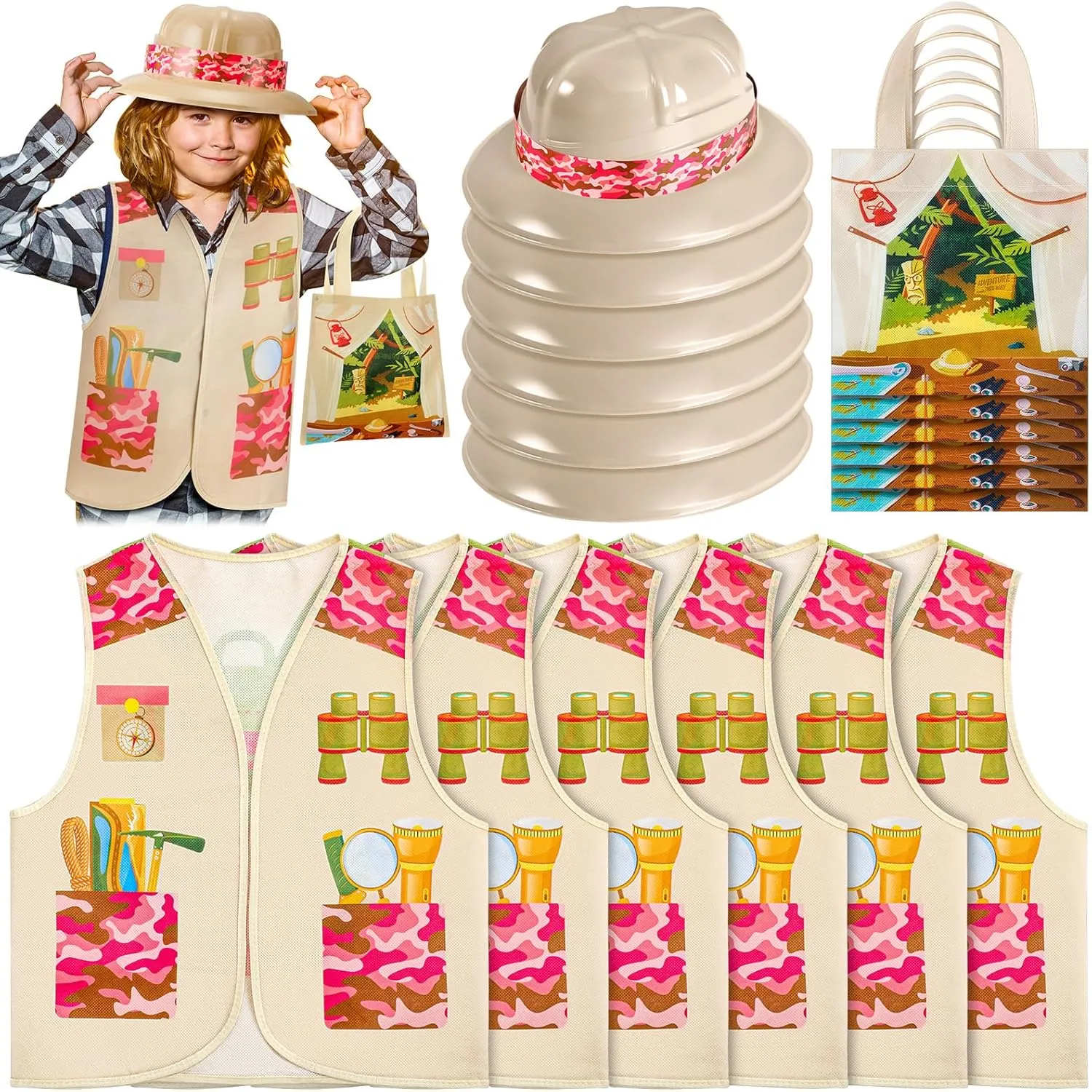 Toulite 18 Pcs Kids Outdoor Costume Toy Include 6 Kids Safari Vests 6 Tote Bags 6 Plastic Safari Hats Set for Toddler Boys and Girls Explorer Jungle Paleontologist Zookeeper Activity Birthday Party