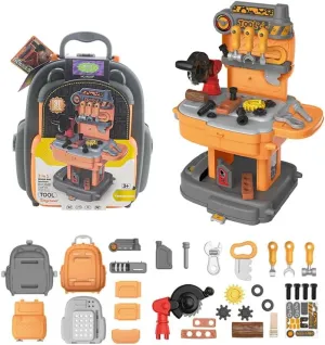 Toy Tool Kit for Kids, Pretend Work Bench Set for Boys & Girls, 31 Accessories Mobile Backpack, Kids Tool Kit for Toddlers 3-5 Years Old (Tool Bench Playset)