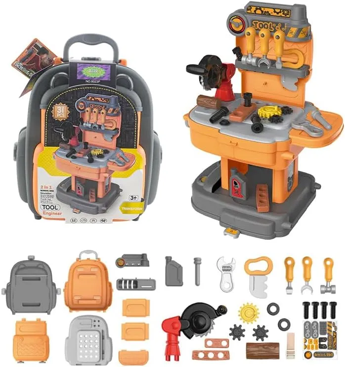Toy Tool Kit for Kids, Pretend Work Bench Set for Boys & Girls, 31 Accessories Mobile Backpack, Kids Tool Kit for Toddlers 3-5 Years Old (Tool Bench Playset)