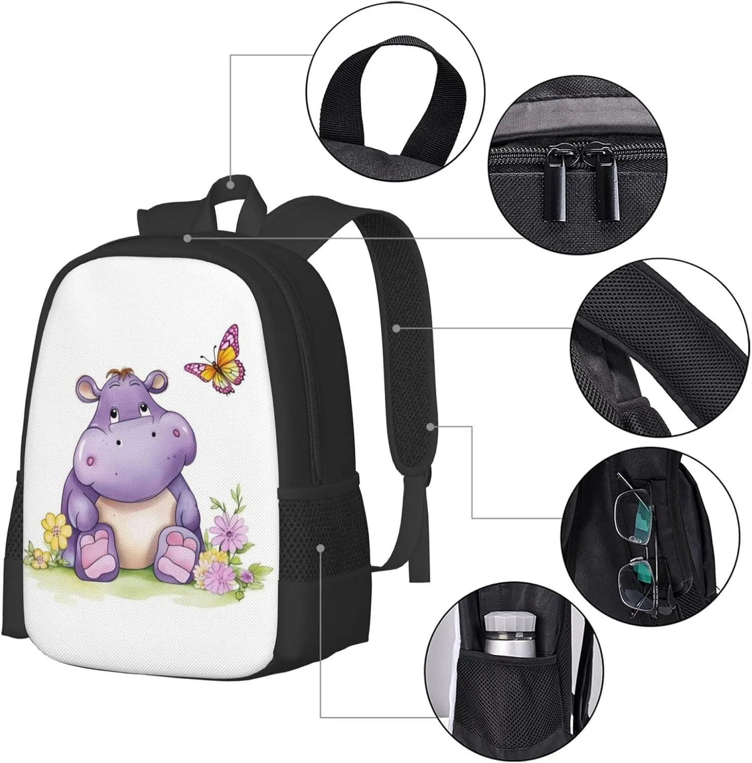 Travel Backpack for Women Men Laptop Backpack 15.6 Inch Computer Bag Butterfly and hippo Carry on Backpack