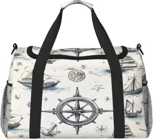 Travel Duffel Bag For Men Women, Nautical Compass Ship Pattern Carry On Sport Gym Bag With Shoulder Strap Lightweight Waterproof Weekender Bag Overnight Bag