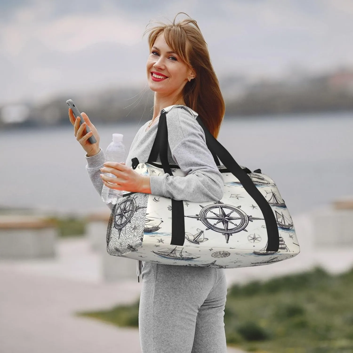 Travel Duffel Bag For Men Women, Nautical Compass Ship Pattern Carry On Sport Gym Bag With Shoulder Strap Lightweight Waterproof Weekender Bag Overnight Bag