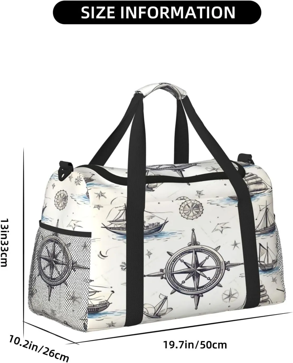 Travel Duffel Bag For Men Women, Nautical Compass Ship Pattern Carry On Sport Gym Bag With Shoulder Strap Lightweight Waterproof Weekender Bag Overnight Bag