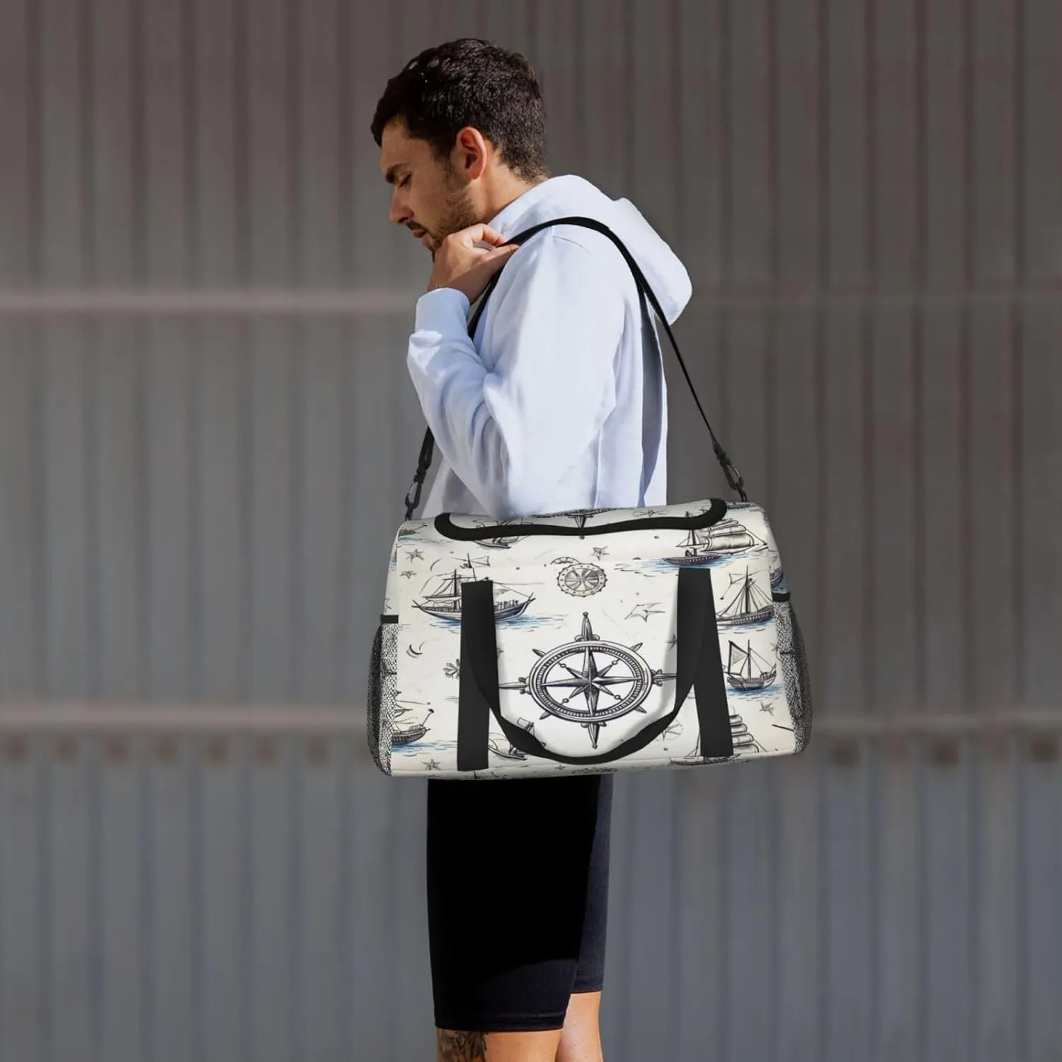 Travel Duffel Bag For Men Women, Nautical Compass Ship Pattern Carry On Sport Gym Bag With Shoulder Strap Lightweight Waterproof Weekender Bag Overnight Bag