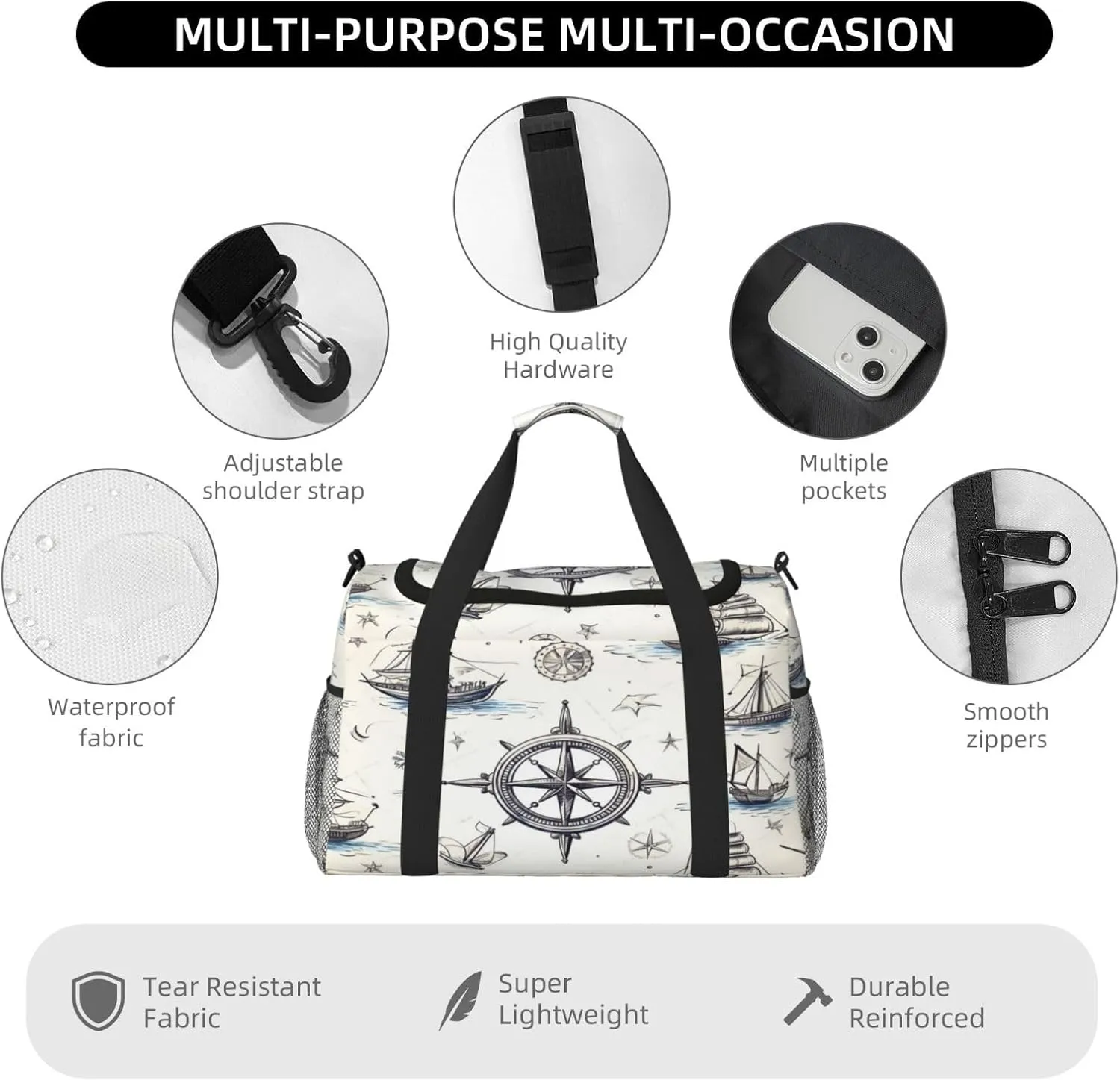 Travel Duffel Bag For Men Women, Nautical Compass Ship Pattern Carry On Sport Gym Bag With Shoulder Strap Lightweight Waterproof Weekender Bag Overnight Bag
