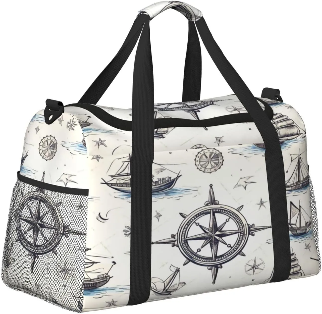Travel Duffel Bag For Men Women, Nautical Compass Ship Pattern Carry On Sport Gym Bag With Shoulder Strap Lightweight Waterproof Weekender Bag Overnight Bag