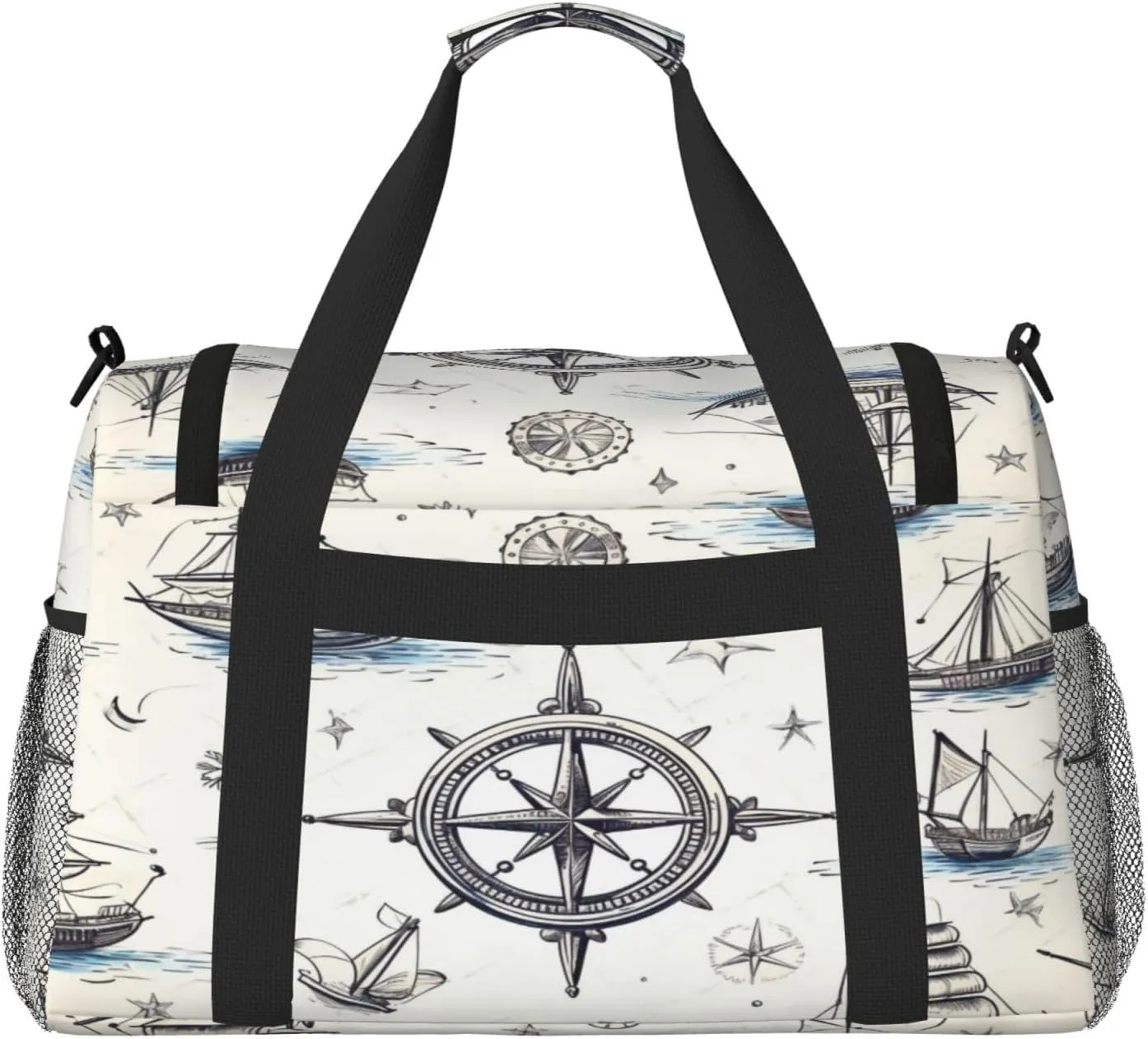 Travel Duffel Bag For Men Women, Nautical Compass Ship Pattern Carry On Sport Gym Bag With Shoulder Strap Lightweight Waterproof Weekender Bag Overnight Bag