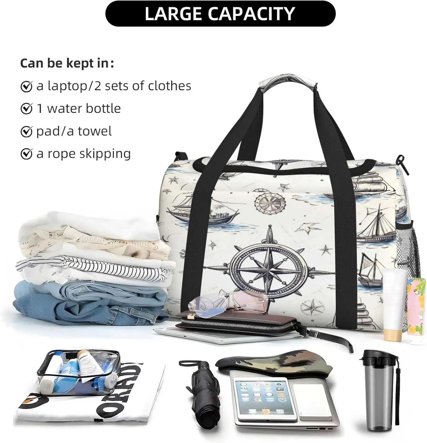 Travel Duffel Bag For Men Women, Nautical Compass Ship Pattern Carry On Sport Gym Bag With Shoulder Strap Lightweight Waterproof Weekender Bag Overnight Bag