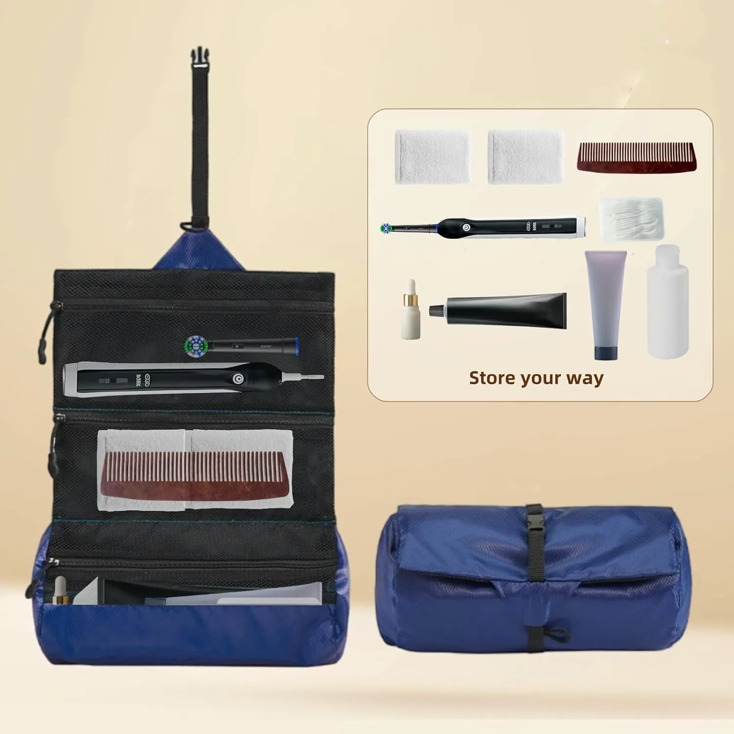 Travel Foldable Toiletry Bags for Women & Men Water-resistant Shaving Bag for Toiletries Accessories Makeup & Travel Essentials Lightweight Durable & Portable Organizer (Navy blue)
