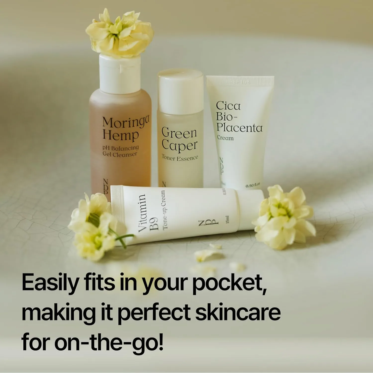 Travel Kit - Mini Travel Size Skincare Essentials - Moringa Hemp Gel Cleanser, Green Caper Toner Essence, Cica Bio-Placenta Cream, B9 Tone-Up Cream (4 items)