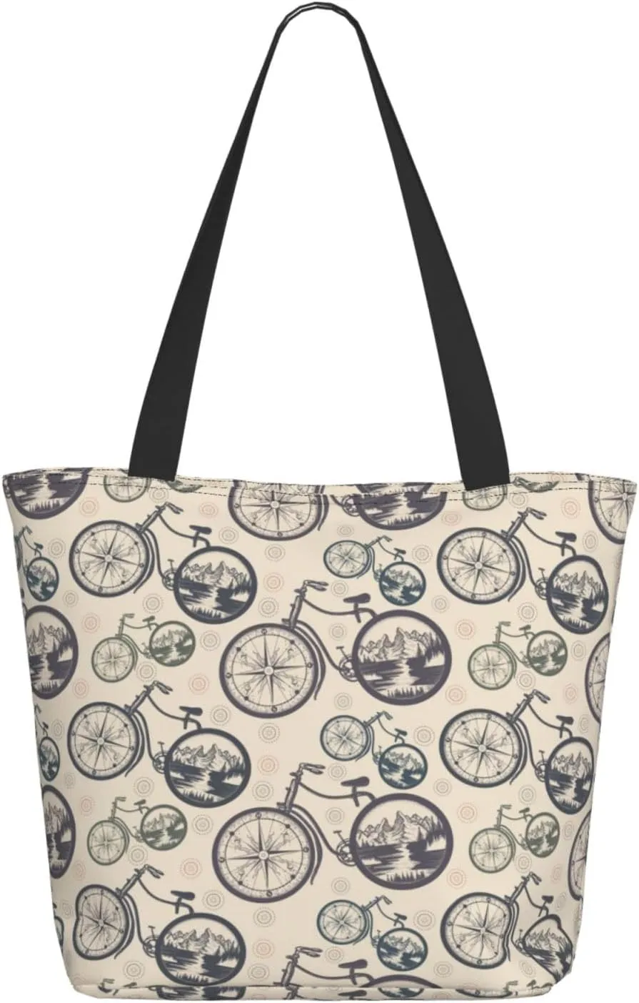 Travel Tote Bag for Women Work - Lightweight Compass And Mountains In Bicycle Wheels Shoulder Bag Nurse Bag Beach Handbags for Women, Fashion Large Tote Purse for Women with Zipper