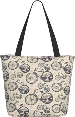 Travel Tote Bag for Women Work - Lightweight Compass And Mountains In Bicycle Wheels Shoulder Bag Nurse Bag Beach Handbags for Women, Fashion Large Tote Purse for Women with Zipper