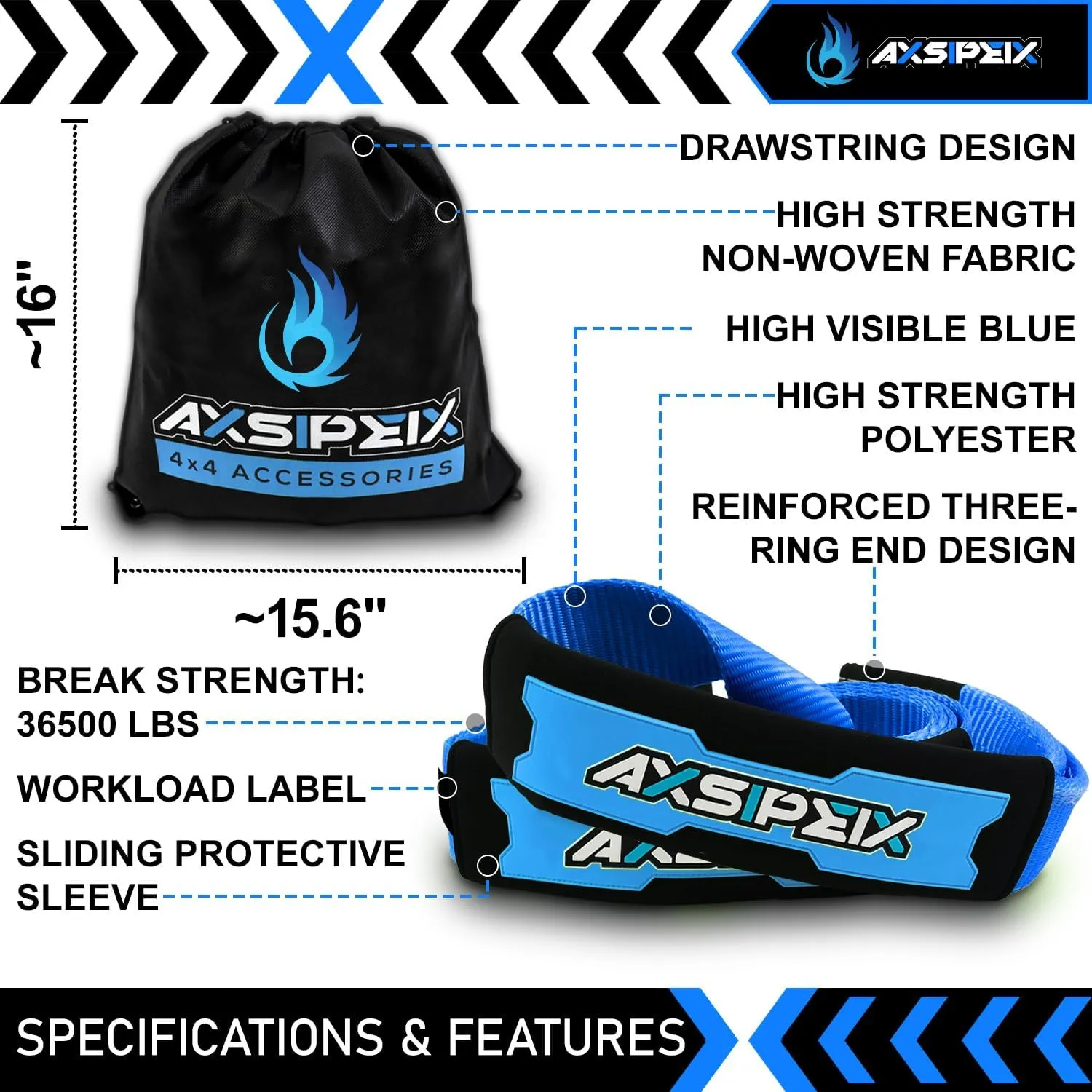 Tree Saver Strap 3in x 8ft (36,500 lbs), Includes: Heavy Duty Reinforced Draw String   Havy Duty Storage Bag, Truck, SUV, ATV Off Road Tree Saver Strap Kit