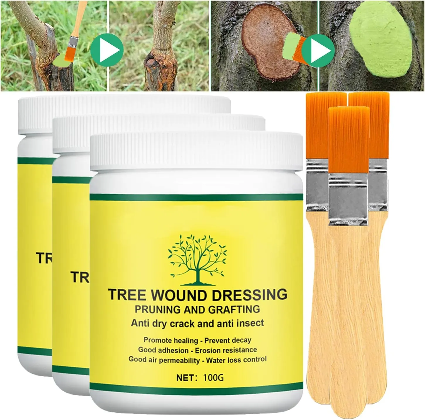 Tree Wound Sealer, Tree Pruning Sealer, Tree Grafting Supplies, Tree Wound Sealer Healing Paste, Bonsai Cut Paste, Pruning Sealer And Tree Wound Dressing for Trees, Shrubs, Roses (3Pcs*100g  3*Brush)
