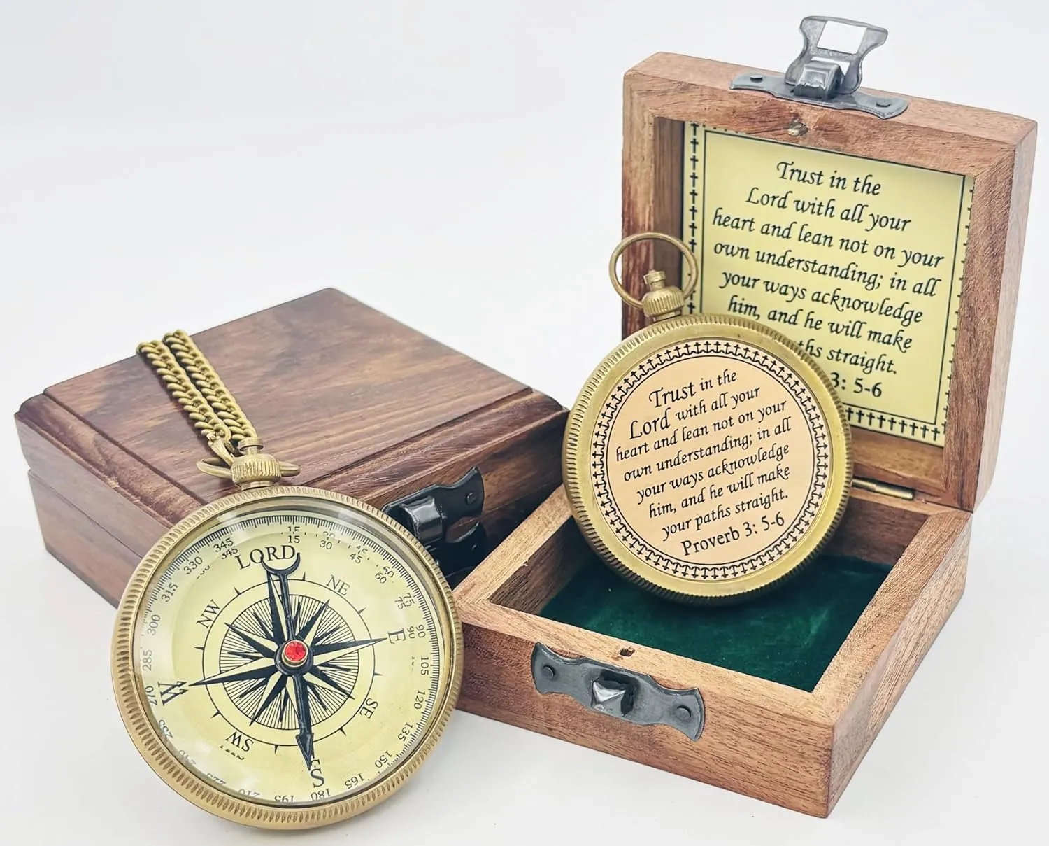 Trust in The Lord Engraved Compass with Wooden Box, Brass Antique Compass for Hiking, Camping, Religious Gifts Men Women Catholic, Graduation Gift
