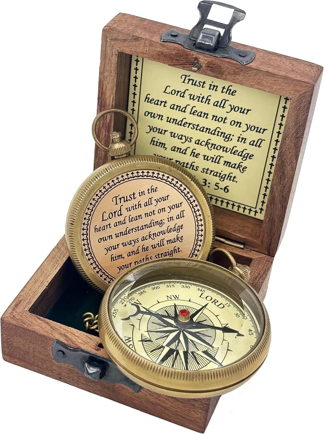 Trust in The Lord Engraved Compass with Wooden Box, Brass Antique Compass for Hiking, Camping, Religious Gifts Men Women Catholic, Graduation Gift