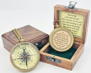 Trust in The Lord Engraved Compass with Wooden Box, Brass Antique Compass for Hiking, Camping, Religious Gifts Men Women Catholic, Graduation Gift