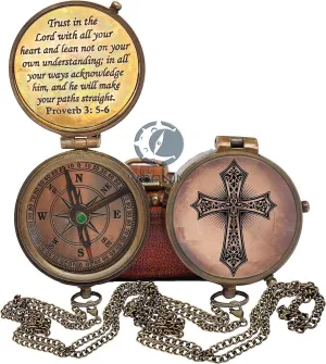 Trust in The Lord with All Your Heart -Proverbs 3: 5-6 Quote Engraved Compass with Leather Box, Compass Gift, 2023 Graduation Day Gifts- Baptism Gifts Compass