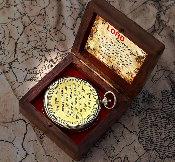 Trust in The Lord with All Your Heart -Proverbs 3: 5-6 Quote Engraved Compass with Wooden Box, Greeting card, Gift Compass, Graduation Day Gifts 2024 Compass for Women Mens Boy Girls
