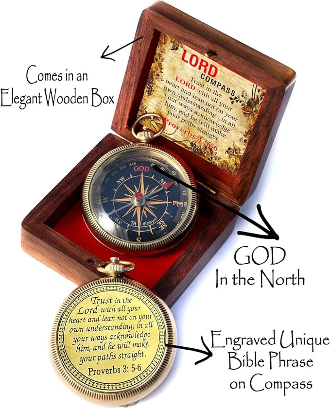 Trust in The Lord with All Your Heart -Proverbs 3: 5-6 Quote Engraved Compass with Wooden Box, Greeting card, Gift Compass, Graduation Day Gifts 2024 Compass for Women Mens Boy Girls