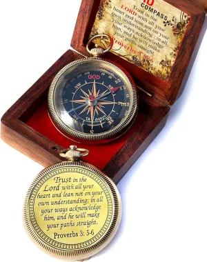 Trust in The Lord with All Your Heart -Proverbs 3: 5-6 Quote Engraved Compass with Wooden Box, Greeting card, Gift Compass, Graduation Day Gifts 2024 Compass for Women Mens Boy Girls