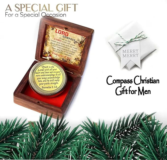 Trust in The Lord with All Your Heart -Proverbs 3: 5-6 Quote Engraved Compass with Wooden Box, Greeting card, Gift Compass, Graduation Day Gifts 2024 Compass for Women Mens Boy Girls