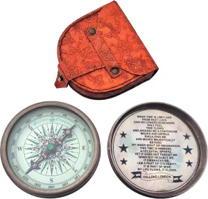 TSWO Antiqued Brass Inner Time... Poem Compass with Leather Case - Nautical Antique Brass Pocket Compass for Camping, Hiking, Travelling – Anniversary, Christmas, Wedding Gift for Your Loved Ones!