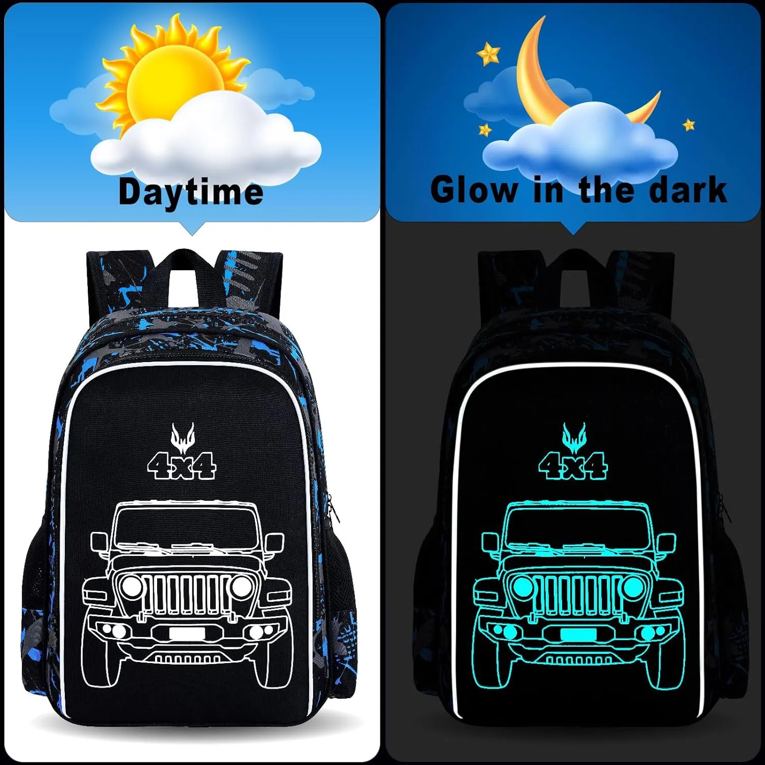 UFNDC 3PCS Boys Truck Backpack, Kids Camouflage Bookbag with Lunch Box, 17" Water Resistant Teen Travel School Bag for Middle Elementary